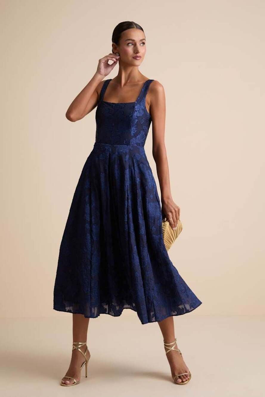 Lulus Navy Floral Burnout Dress - Lace-Up Midi Dress - A-Line Dress XL NWT